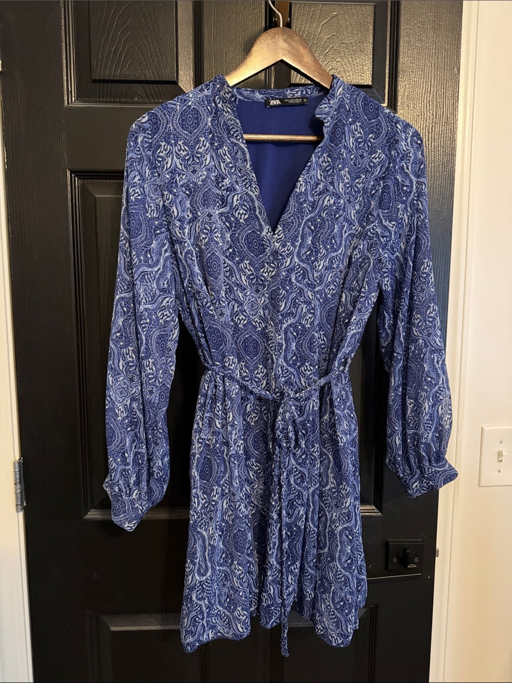 Zara Navy Paisley Long-Sleeve Wrap Dress